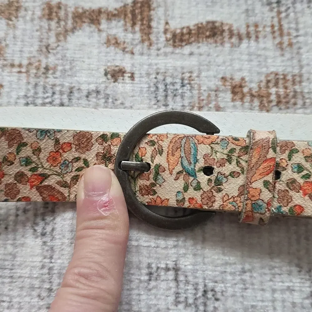 Vintage 90s Landes Floral Patterned Belt Womens L Boho Cottagecore Cream Blue